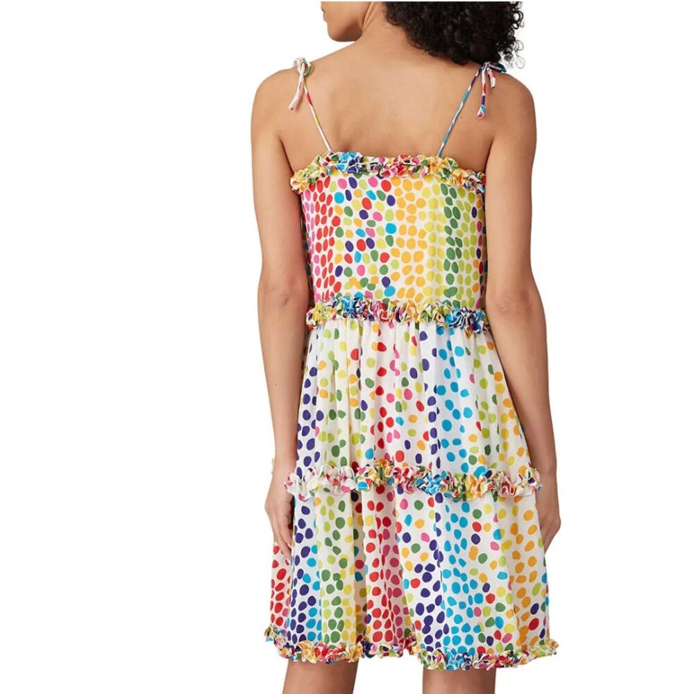 All Things Mochi Rainbow Mini Dress Polkadot Silk Chiffon Ruffle Designer $365 - Picture 3 of 14